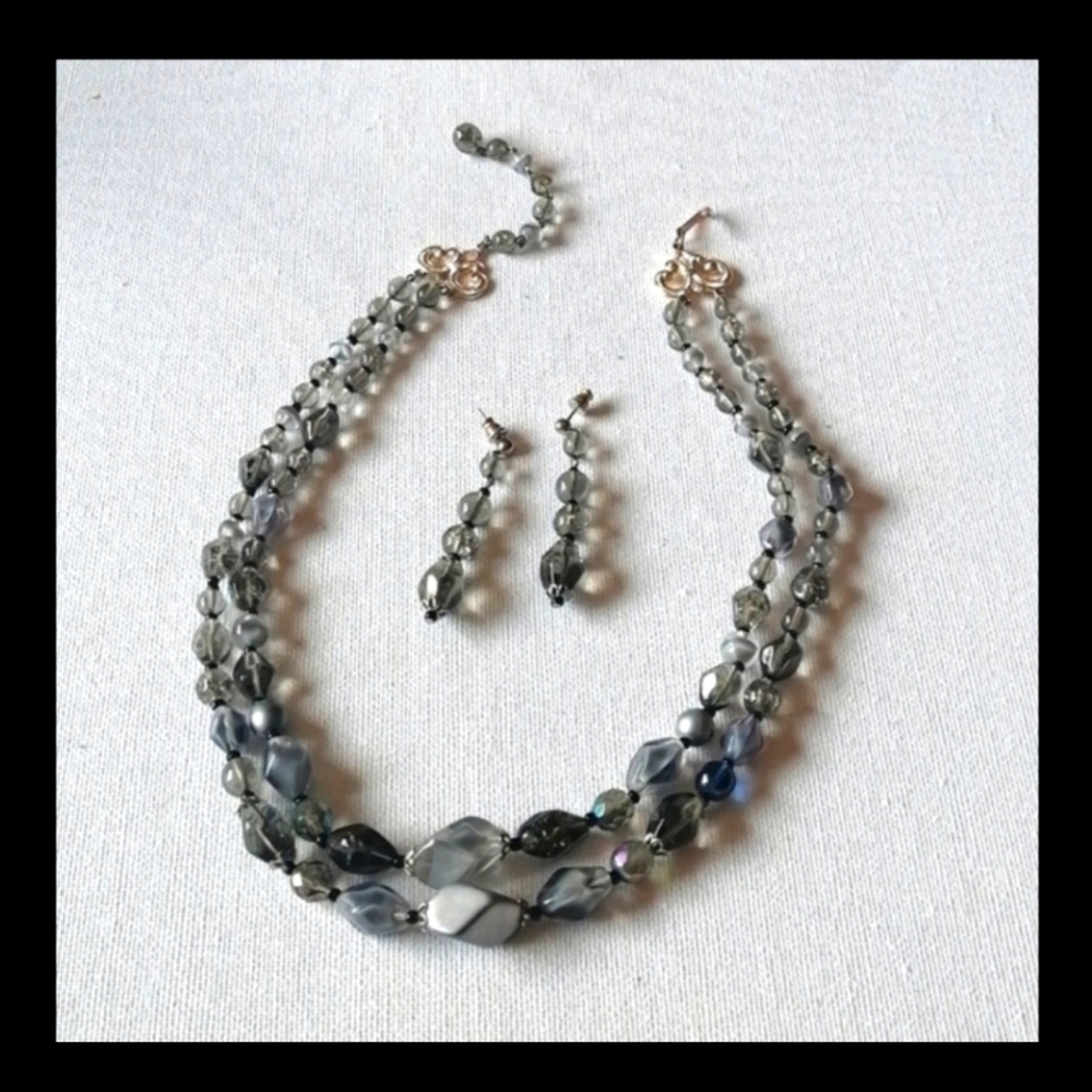 Vintage Gray Lucite Beads 2-Strand Necklace and Earrings Set